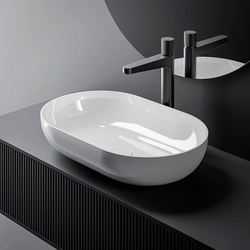 Lavabo da appoggio O-540 di colata minerale (Solid stone) - bianco lucido - 54 x 34 x 10,5 cmcon coperchio supplementare bianco