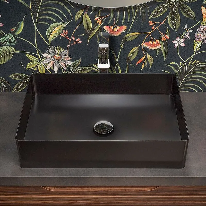 Inbagno - Lavabo da appoggio rettangolare 58x38 cm in acciaio inox nero opaco Goya