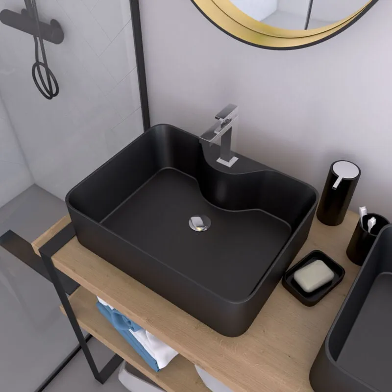 Aurlane - Lavabo da appoggio rettangolare in ceramica nera - 48x37x13.5cm - rectangular dark