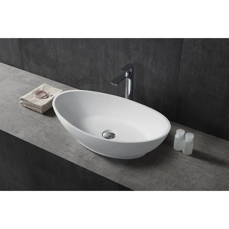 Lavabo da appoggio TWA63 di pietra solida (Solid Stone) - bianco opaco - 62,5x34,5x17,5cm Senza piletta Pop-up, senza coperchio supplementare