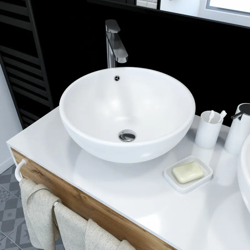 Aurlane - Lavabo rotondo bianco da appoggio - Diametro 42 cm - Altezza 18 cm - parabola