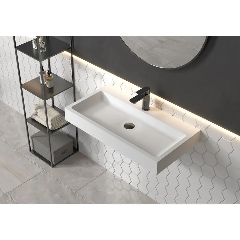  - Lavabo sospeso o da appoggio PB2143 in solid surface (Solid Stone) – bianco opaco – 80 x 42 x 10 cm