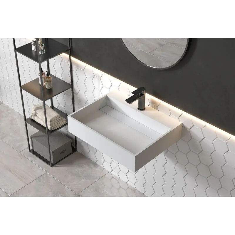  - Lavabo sospeso PB2080 in pietra solida (Solid Surface) - 60 x 46 x 13 cm - bianco opaco