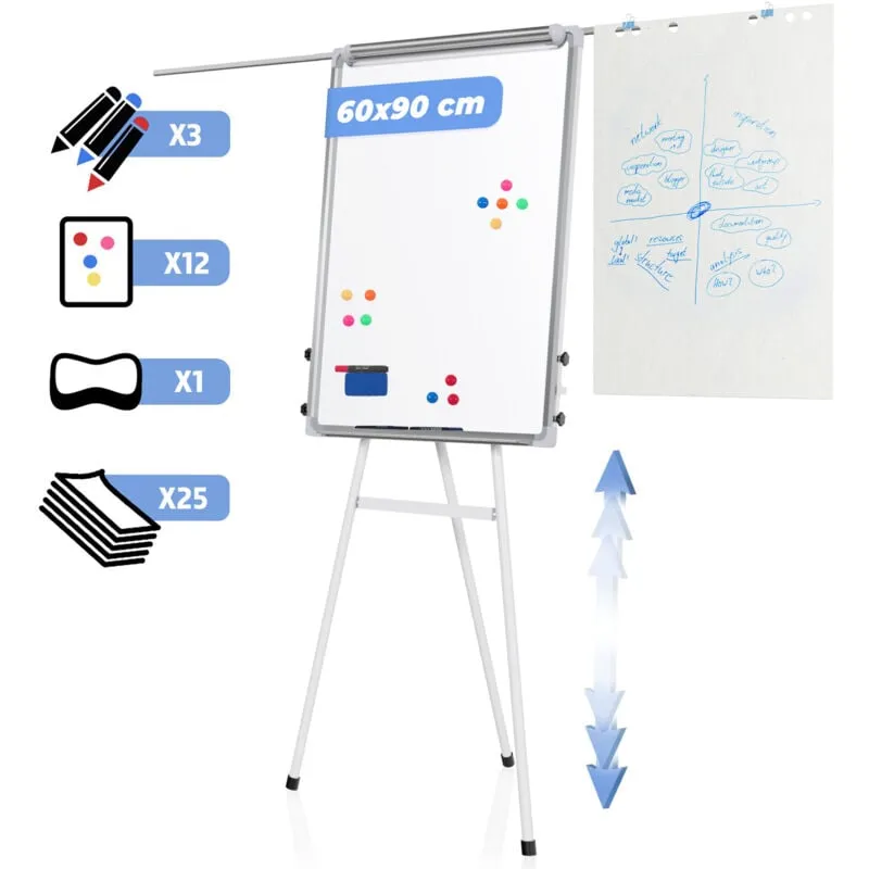 Jago - Lavagna Magnetica con Cavalletto - 90x60 cm, Bianca, Cancellabile, Altezza Regolabile, Antigraffio, Portatile, con Pennarelli e Fogli, in