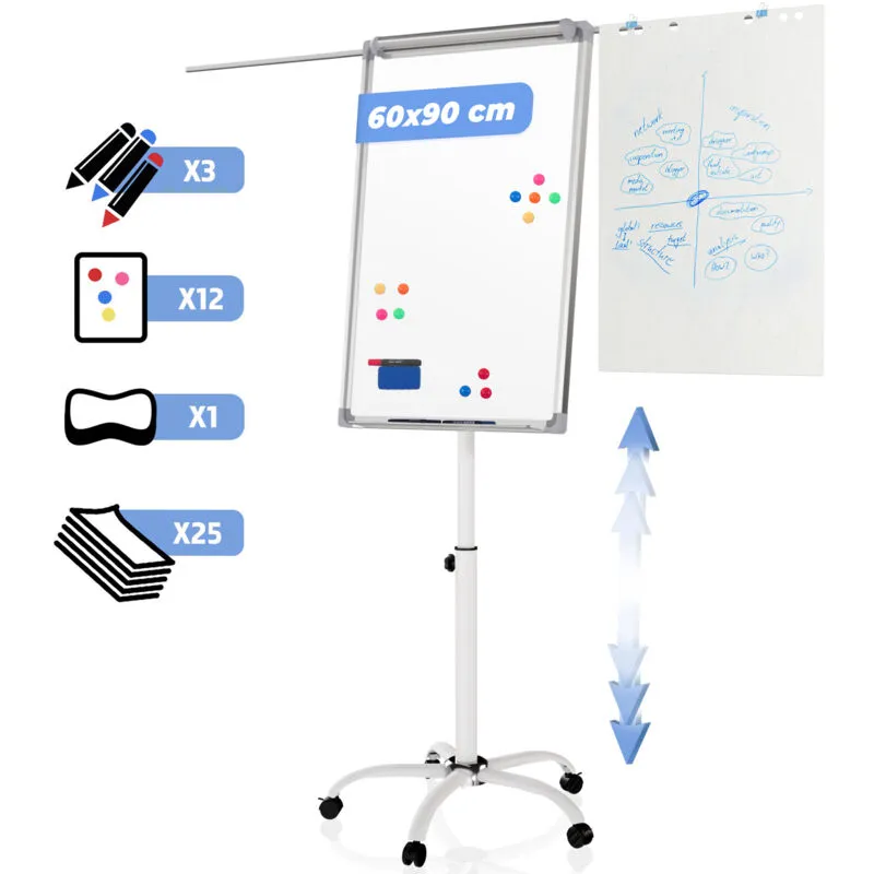  - Jago® Lavagna Magnetica con Cavalletto - 90x60 cm, Bianca, Cancellabile, Regolabile, Antigraffio, Base a Stella, 2 Bracci Estensibili,
