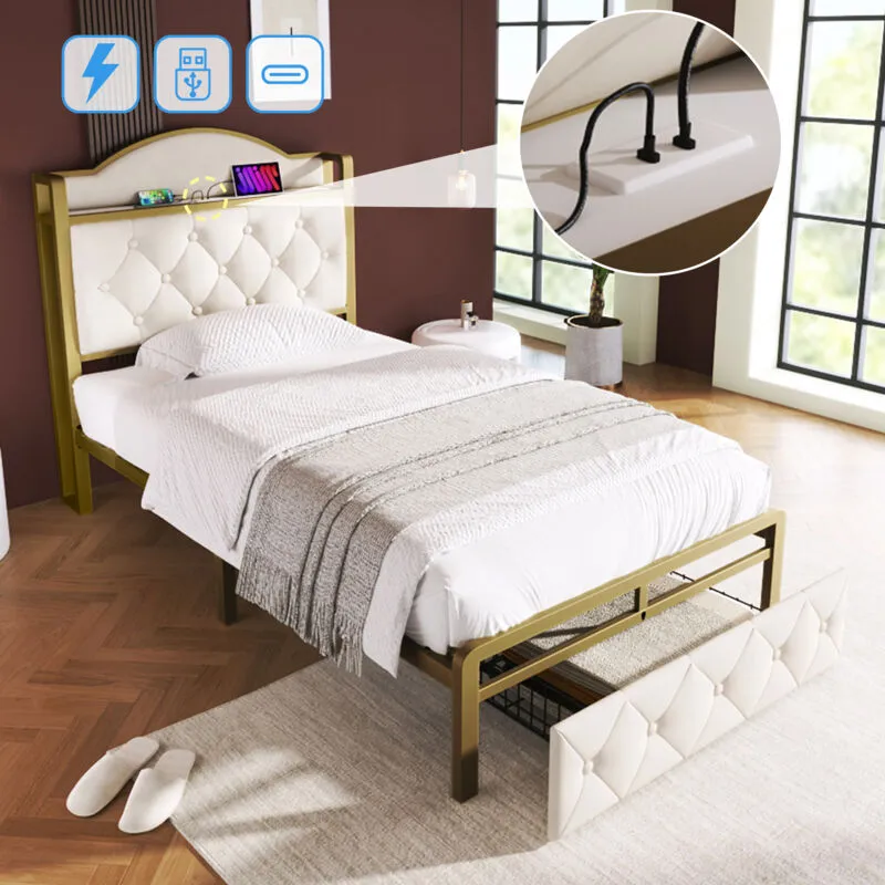 Happyshopping - Letto per adulti Letto singolo imbottito 90 x 200 cm con funzione di ricarica usb tipo c e cassetti, rete a doghe in metallo, beige