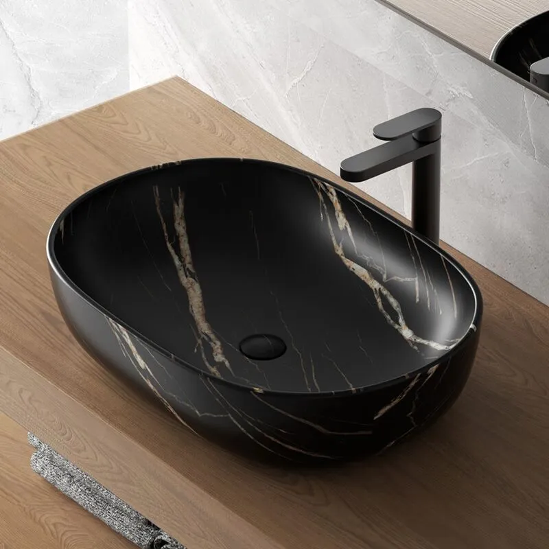 Inbagno - Lavandino da appoggio ovale 60x41 cm effetto marmo nero Tokyo