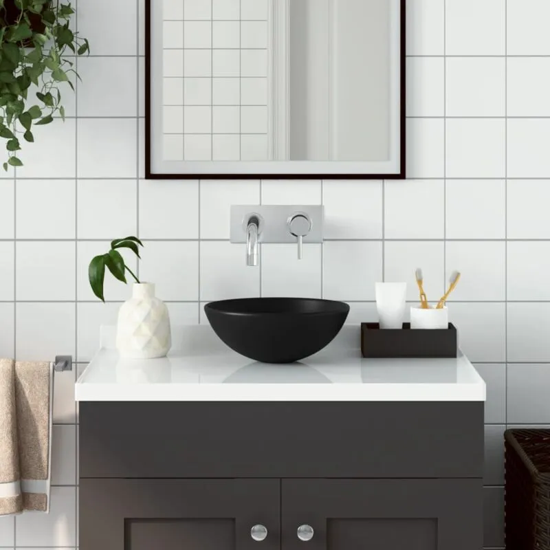 Torana - Lavandino da Bagno in Ceramica Nero Opaco Rotondo