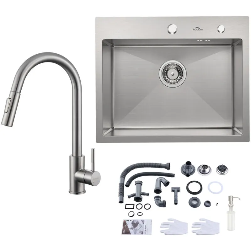 Lavello da cucina in acciaio inox 55 x 45 cm da incasso per basi da 60 cm + Rubinetto da cucina estraibile spazzolato