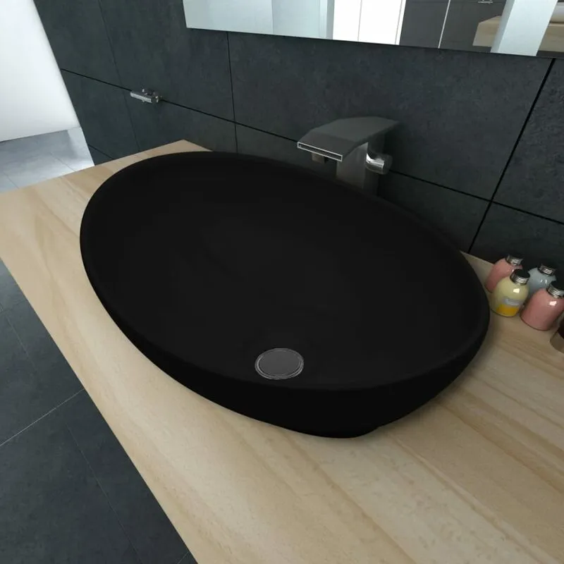 Lavello Lavabo da Appoggio in Ceramica di Lusso Nero Ovale 40 x 33 cm -62891