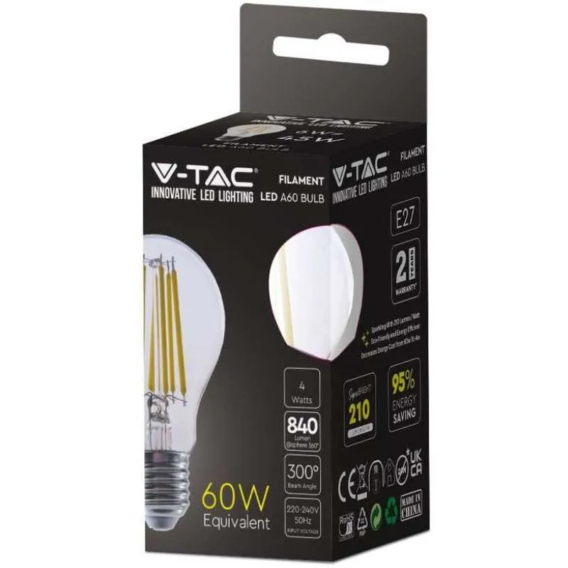 V-tac - VT-2334 Lampadina led 4W E27 3000k lampada filamento bulbo A60 vetro trasparente sku 2990