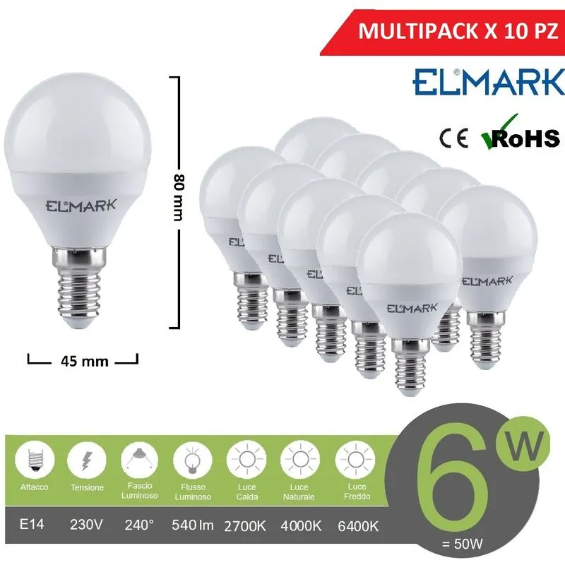 Elmark - Promopack x 10 pz lampadina led globo G45 E14 6w attacco piccolo sfera bianco basso consumo luce fredda naturale calda Calda 2700k