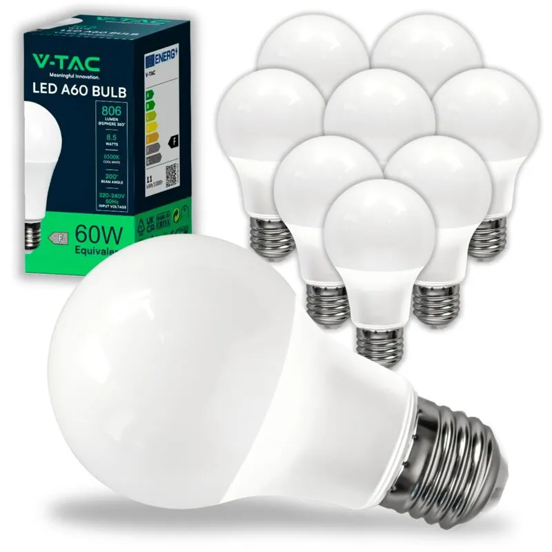 V-tac - 10x Lampadine led di Nuova Generazione con Attacco E27 8,5W (Equivalenti a 60W) A60 - 806 Lumen - Massima Efficienza e Risparmio Energetico