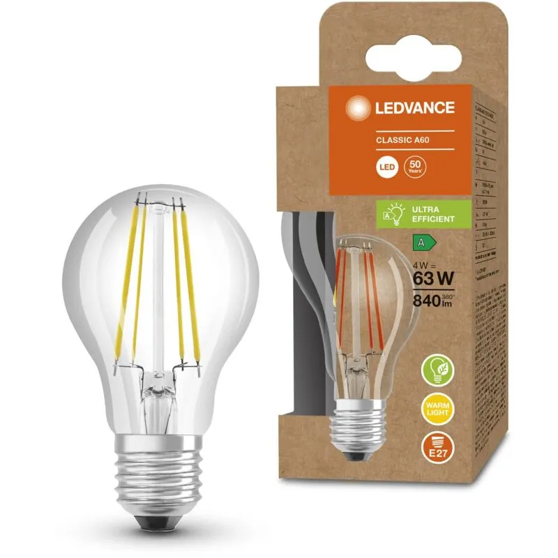 Ledvance - Classic led E27 Pera Filamento Chiara 4W 840lm - 830 Luce Calda