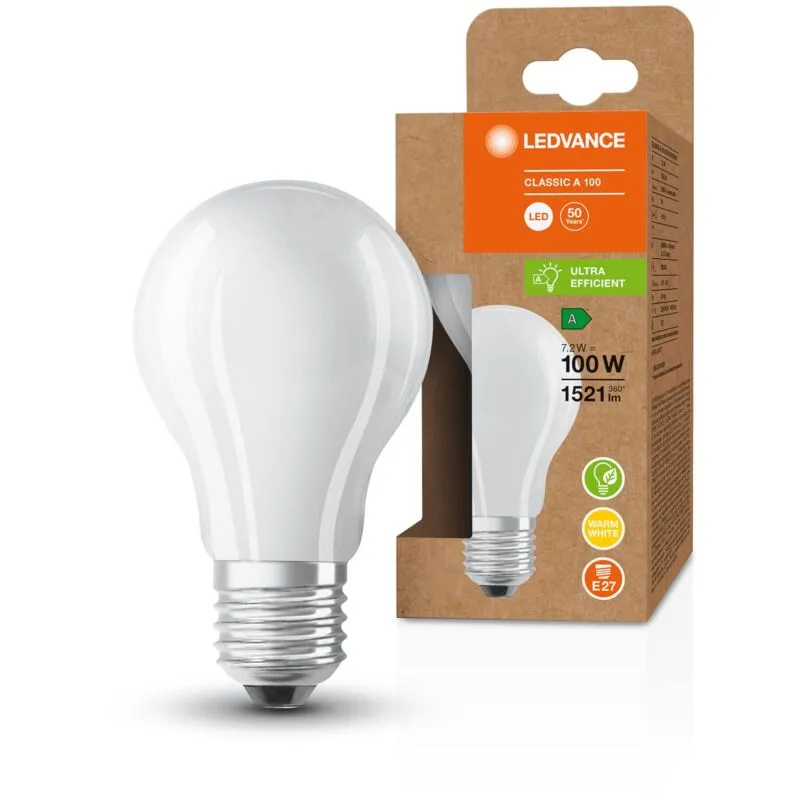 Ledvance - Lampada a risparmio energetico, lampadina smerigliata, E27, bianco caldo (3000K), 7,2 watt, sostituisce la lampadina da 100W, altamente