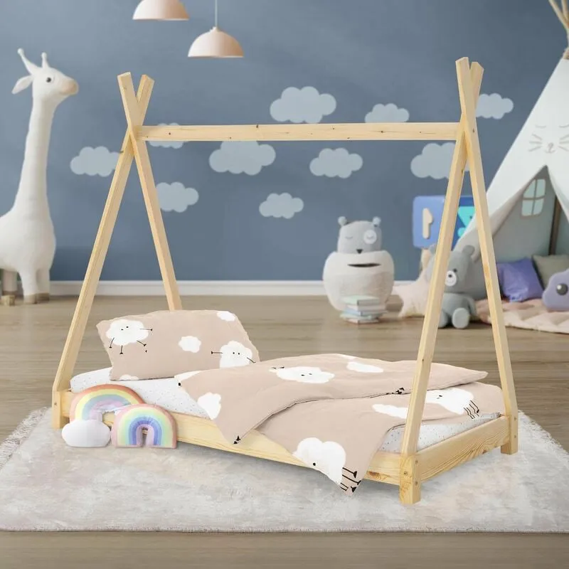 Lettino per Bambini e Bambine Design Teepee con Rete Telaio a Doghe 70 x 140 cm Letto Basso a Forma di Tenda Indiana da Gioco in Legno di Pino