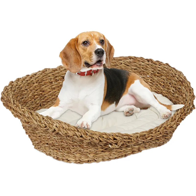 Cuccia per Cani e Gatti, 14 x 54,5 x 40 cm, Lettino in Seegras Intrecciato e Cuscino Lavabile, Crema Naturale - Relaxdays