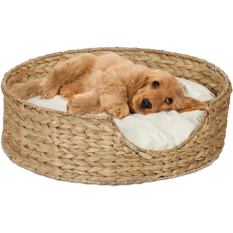 Cuccia per Cani e Gatti, h x d: 15 x 49 cm, Lettino in Seegras Intrecciato e Cuscino Lavabile, Crema Naturale - Relaxdays