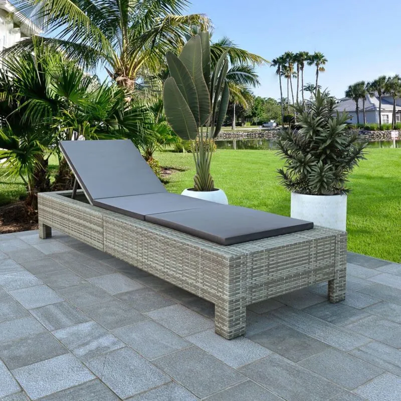 Lettino Prendisole con Cuscino in Polyrattan Grigio - Vidaxl