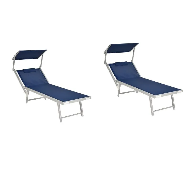 Coppia lettino mare in alluminio blu con parasole e cuscino 183CM telo texilene