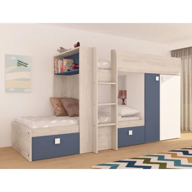 Letto a castello 285x148,2 cm con armadio blu fumo, rovere e bianco opaco - Albenga