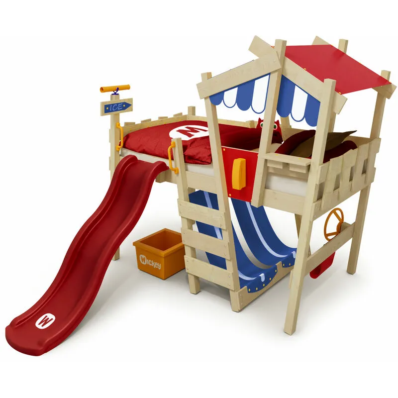 Wickey Letti per bambini, letto a soppalco CrAzY Hutty con scivolo culla 90 x 200 cm, letto a castello - rosso - rosso