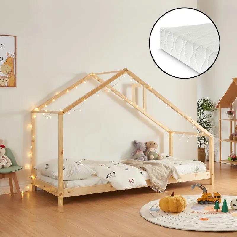 Letto Casetta per Cameretta Siuntio con Materasso 90 x 200 cm Legno Naturale [en.casa]