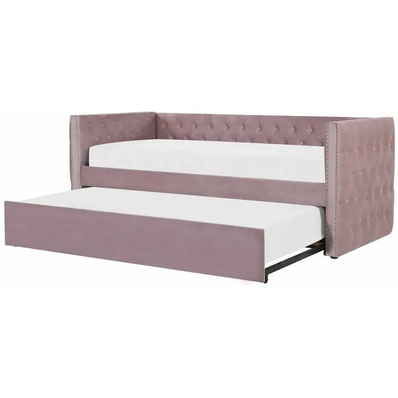 Letto da Giorno Estraibile 90 x 200 cm in Velluto Rosa con Rete a Doghe e Bottoni Gassin