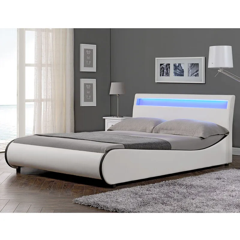 Letto Francese Imbottito Curvo 140x200 cm Testiera Alta con Illuminazione a led Similpelle Bianco Corium - bianco