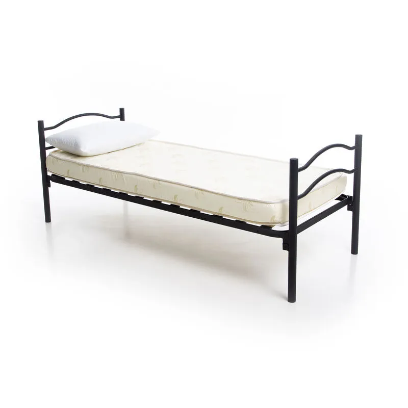 Letto in Ferro Battuto Singolo Nero con Rete Ortopedica a Doghe Nero 80x190, Con Materasso Waterfoam e Cuscino in Fibra Vergine, Testiera e Pediera,