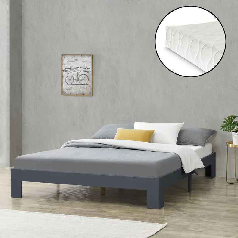 Letto in Legno di Pino con Materasso a Schiuma Fredda 140 x 200 cm Letto Francese in Design Minimal - Grigio Scuro