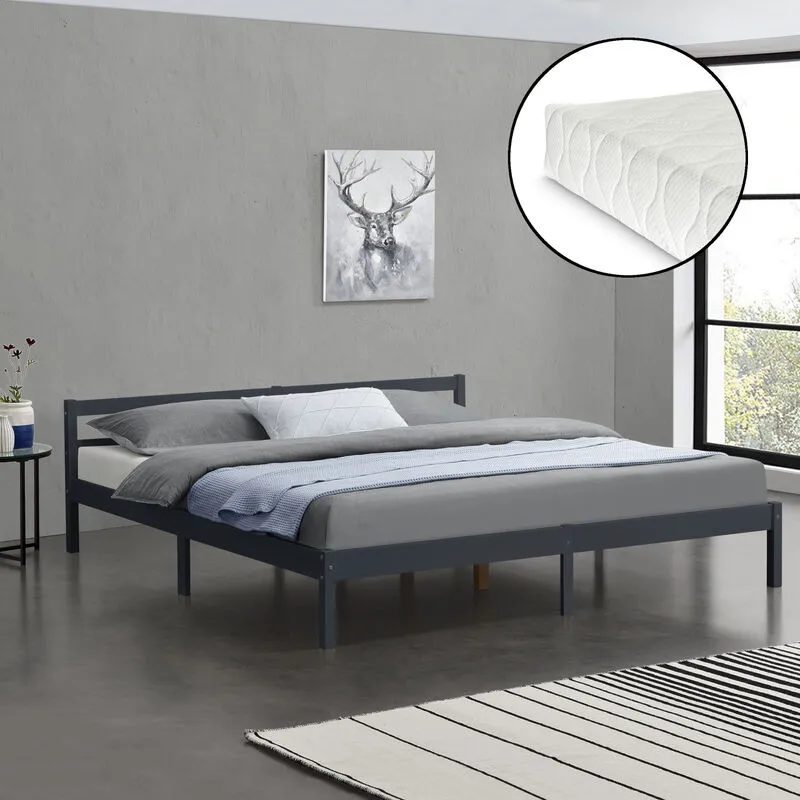 [en.casa] - Letto in Legno di Pino con Materasso a Schiuma Fredda 180 x 200 cm Letto Matrimoniale King Size con Testiera Bassa in Design Minimal