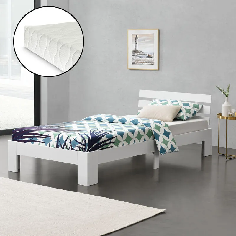 Letto in Legno di Pino con Materasso a Schiuma Fredda 120 x 200 cm Letto 1 Piazza e Mezza con Testiera in Stile Moderno - Bianco