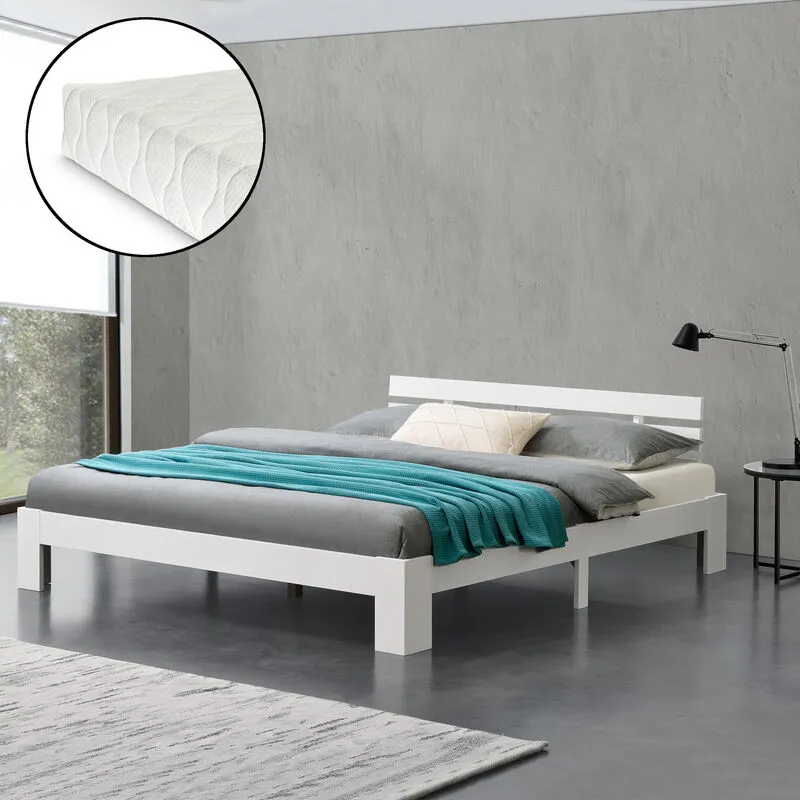 Letto in Legno di Pino con Materasso a Schiuma Fredda 180 x 200 cm Letto Matrimoniale King Size con Testiera in Stile Moderno - Bianco