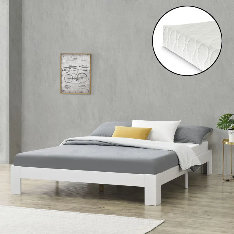 Letto in Legno di Pino con Materasso a Schiuma Fredda 180 x 200 cm Letto Matrimoniale King Size in Design Minimal - Bianco