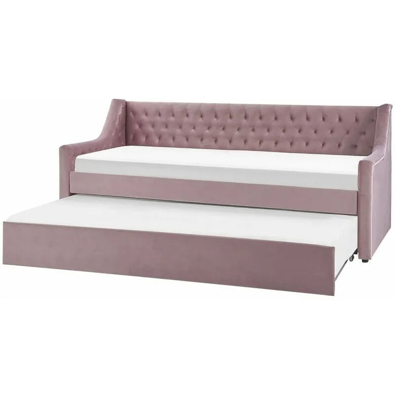 Letto singolo con letto estraibile 90 x 200 cm in Velluto Rosa con Rete a Doghe Montargis