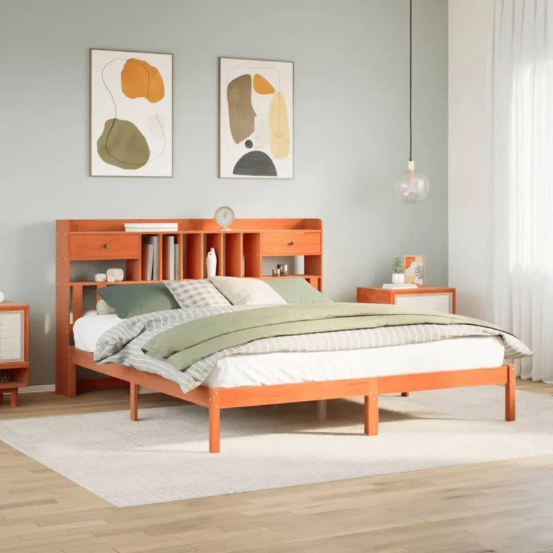 Letto Libreria senza Materasso Marrone Cera 200x200 cm in Pino - Vidaxl