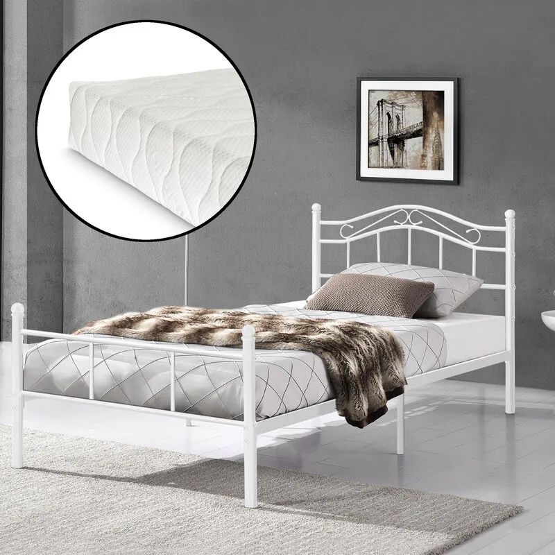 Letto Piazza e Mezza Florenz in Acciaio con Testiera Decorativa e Materasso 120 x 200 cm Bianco [en.casa]