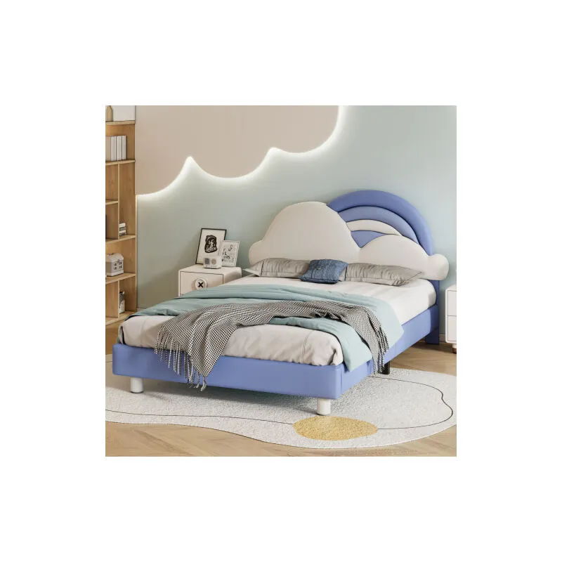 Letto per Bambini 140x200 cm, Letto Imbottito con Testiera a Nuvola Arcobaleno - Blu