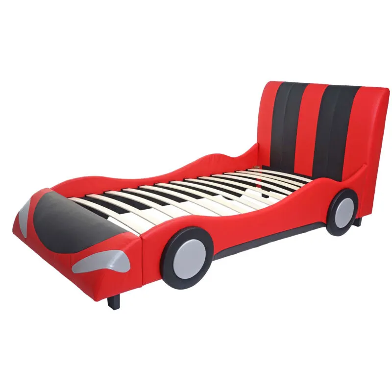 Letto per bambini Car -054 legno ecopelle nero e rosso - red