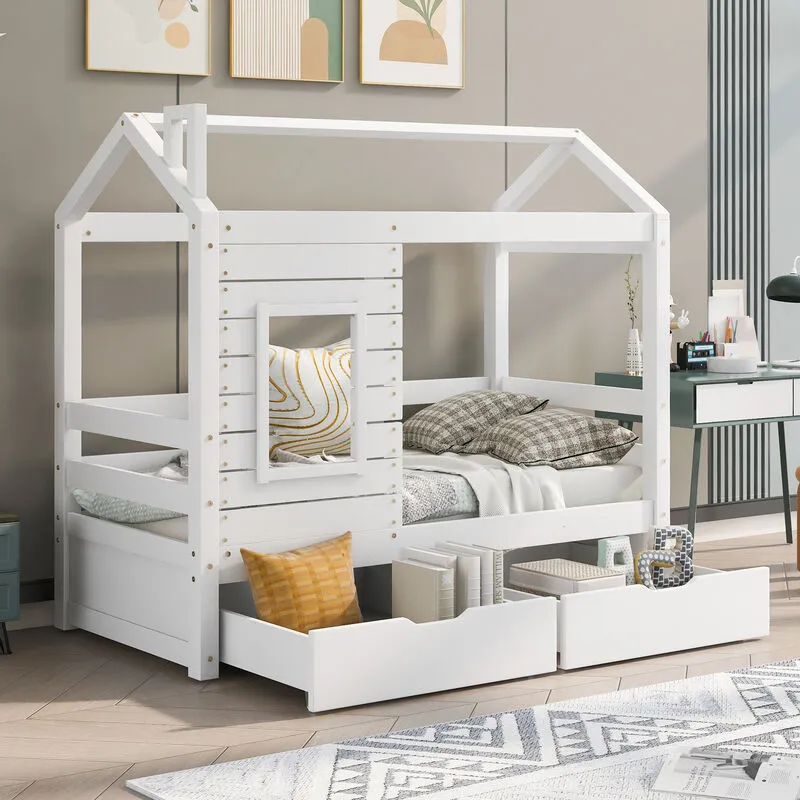 Letto per bambini Lettino con protezione anticaduta e cassetti, letto in legno massello 160x80 cm Lettino con rete a doghe e finestra, bianco