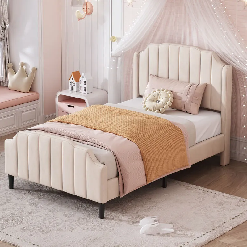 Letto per Bambini, Letto Imbottito con Testiera, Pediera e Rete a Doghe - Beige 90x200