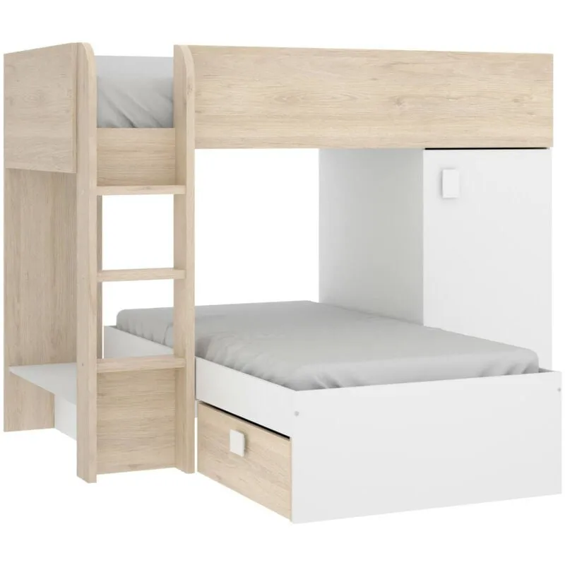 Dmora - Letto per bambini Dguerci, Cameretta completa con armadio e cassetti, Composizione letto a castello con due lettini singoli, 255x112h150 cm,