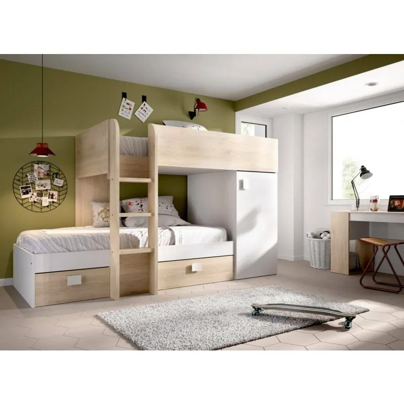 Dmora - Letto per bambini Marmolada, Cameretta completa con armadio e cassetti, Composizione letto a castello con due lettini singoli, 255x112h150