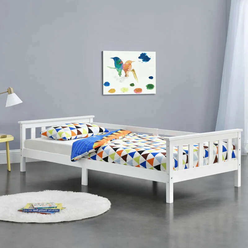 Letto per Bambini/ Ragazzi / Gioventú con Testiera e Pediera 90x200 cm Letto di Design Moderno in Legno di Pino - Bianco