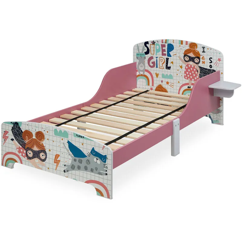 Letto per Bambini, Sponde Anticaduta, Rete a Doghe Rigide con Motivo Eroina, hlp 60 x 94 x 143 cm, Bianco Rosa - Relaxdays