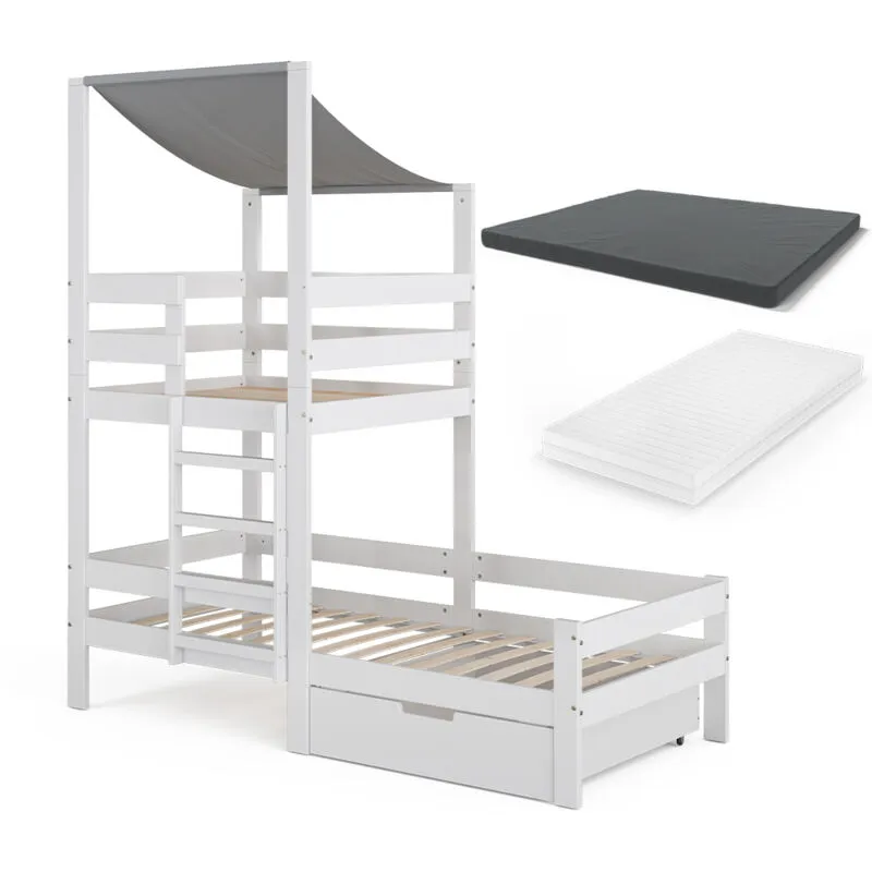 Letto montessori bambini Tom, Bianco, 90x200 cm con cassetto e 2 materassi Vitalispa