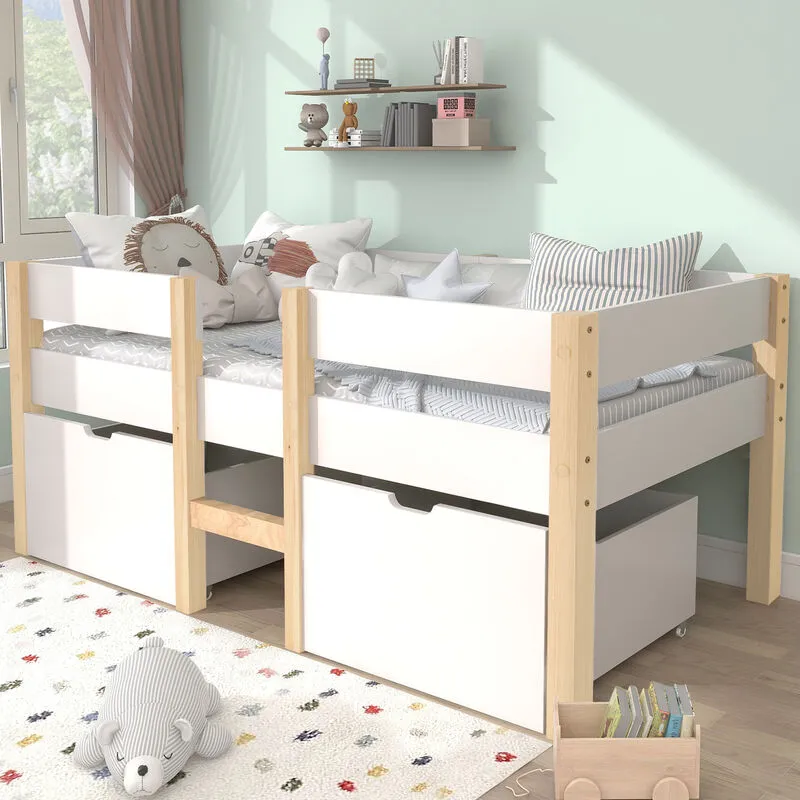 Letto per bambini a mezza altezza 90 x 190 cm con 2 maxi cassetti - Bianco/Legno