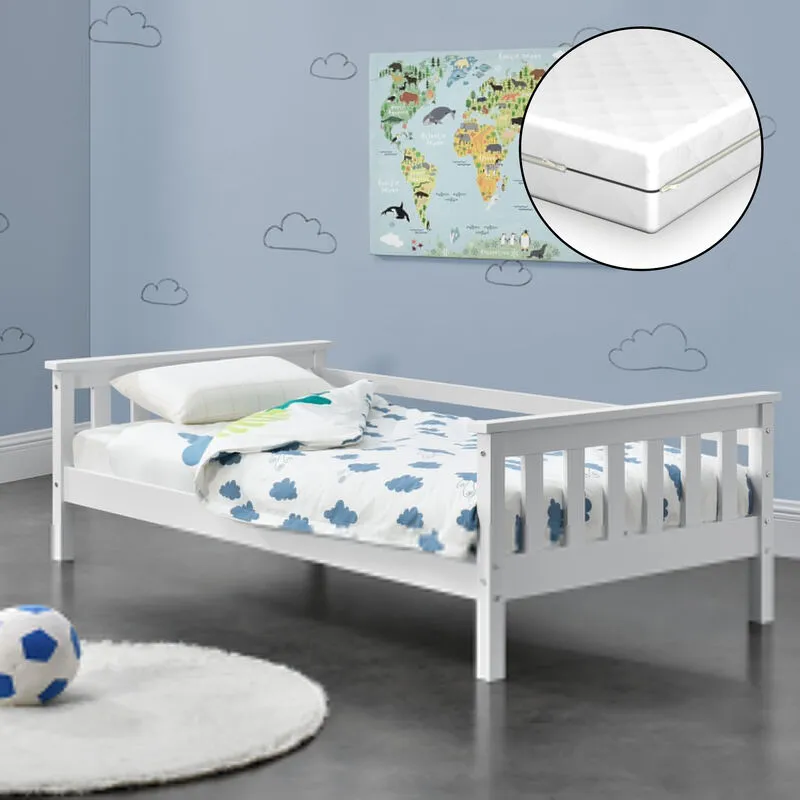 Letto per Bambino con Materasso Ipoallergenico a Schiuma Fredda 70x140 cm Letto di Design Moderno in Legno di Pino con Testiera e Pediera - Bianco