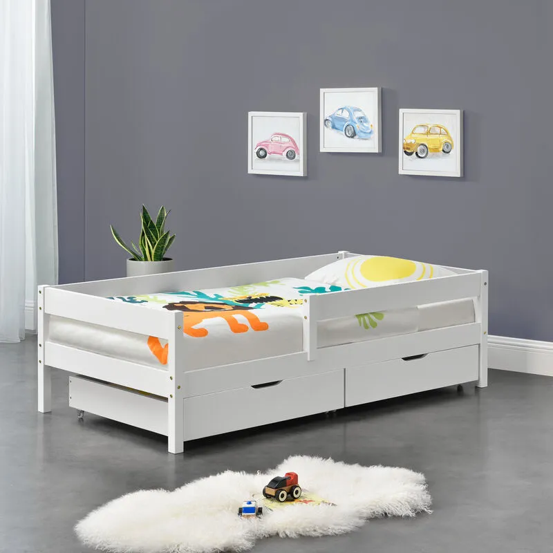 Letto per Bambino / Ragazzi / Gioventú con 2 Cassetti 90x200 cm Lettino in Legno di Pino con Barriere di Protezione - Bianco